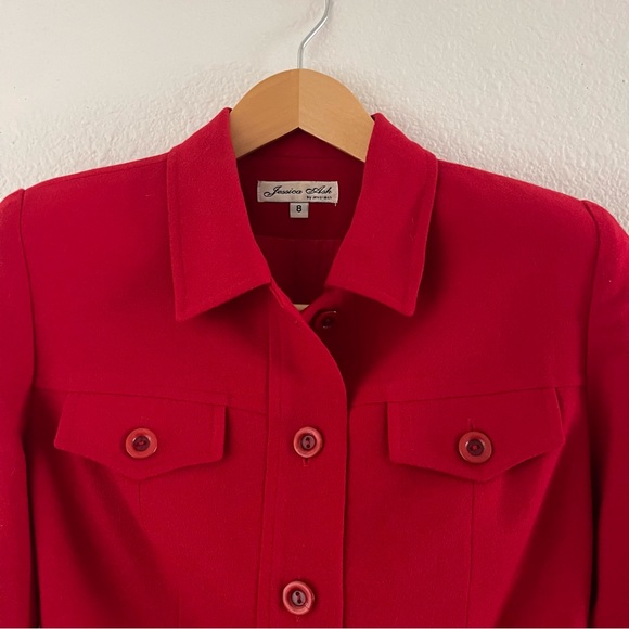 Vintage 1990s Jessica Ash Wool Gabardine Button-Front Cropped Jacket Red - Picture 3 of 16